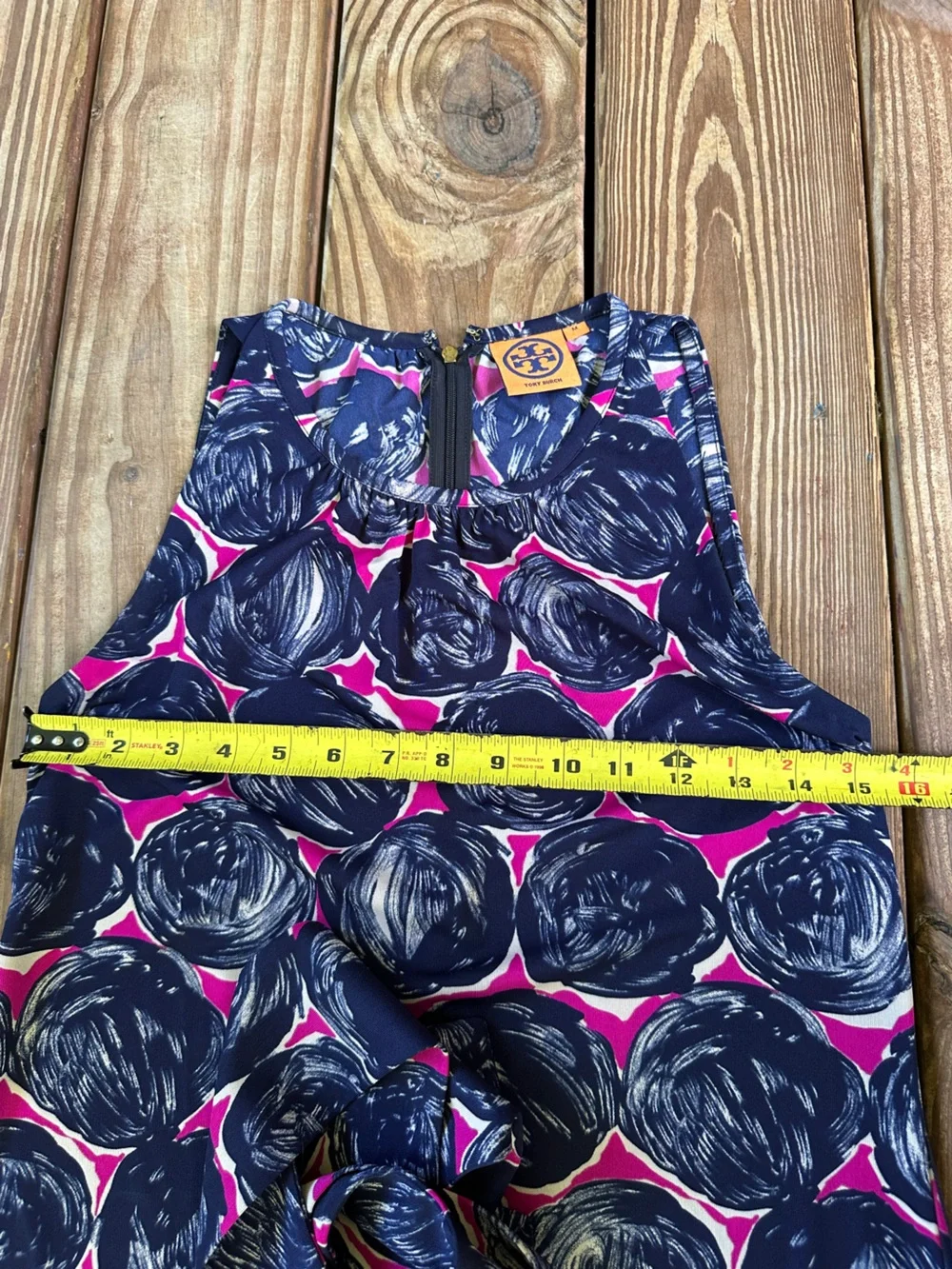 Tory Burch Abstract Print Tie Waist Midi Dress Navy Pink M NWOT